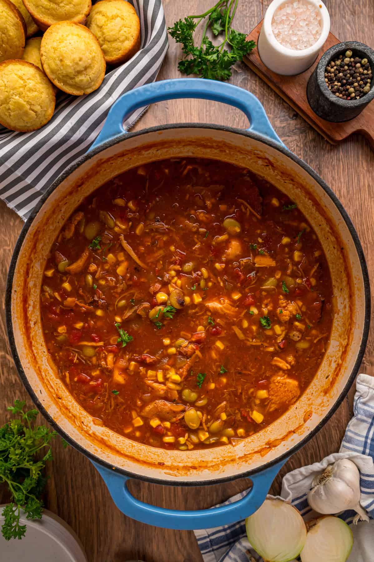 Overhead view of a pot of Brunswick stew