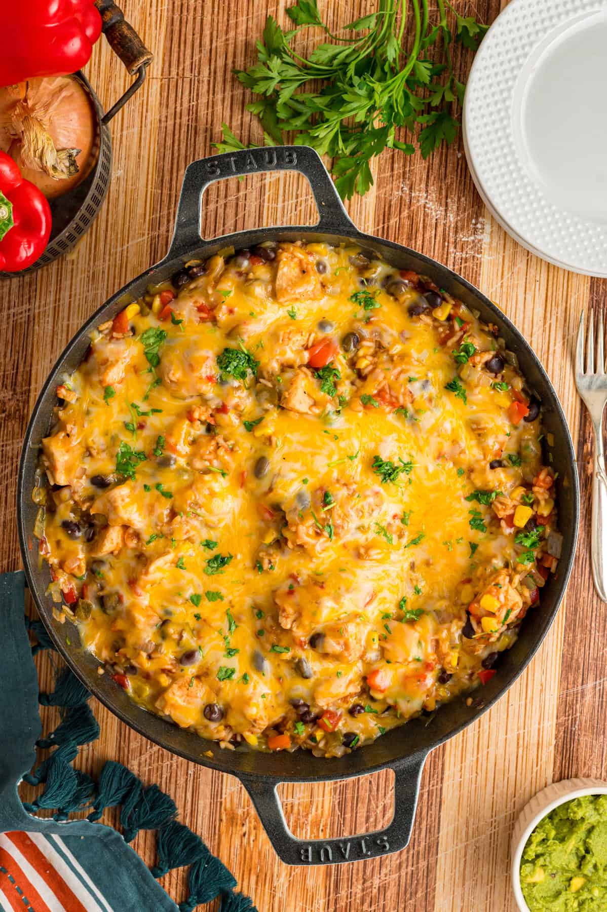 Overhead view of a skillet of fiesta chicken