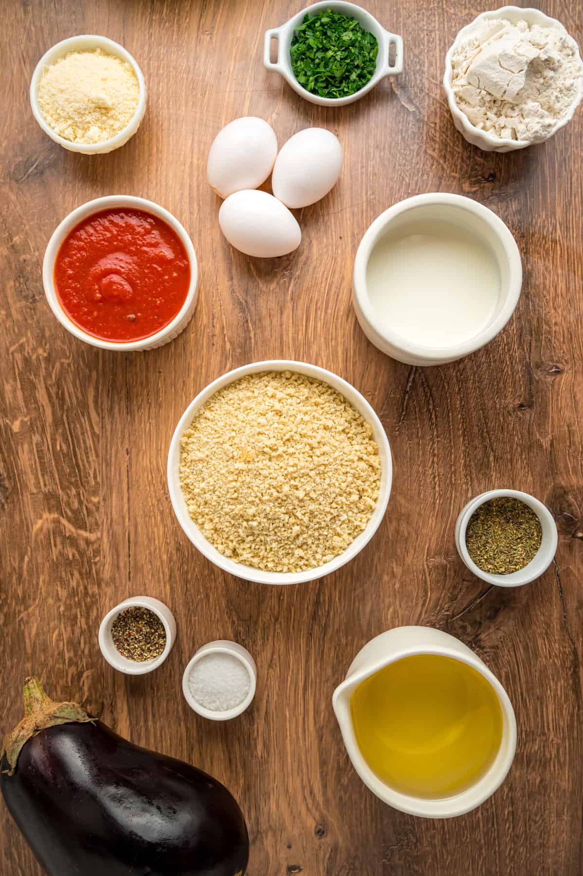 Overhead view of ingredients needed to make fried eggplant