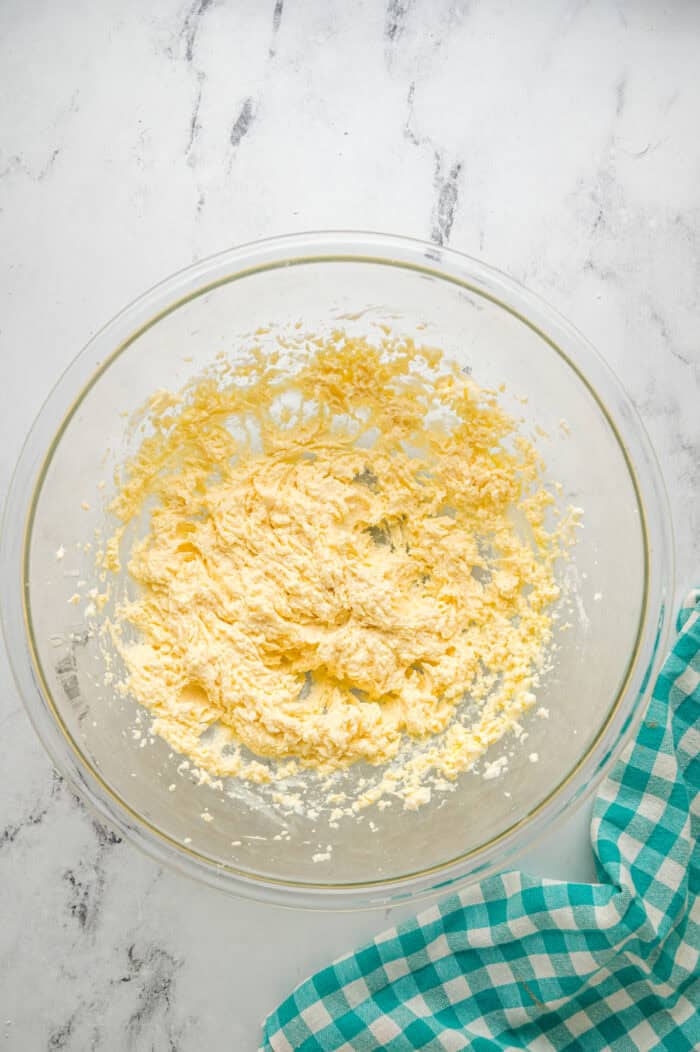 Creamed butter and sugar in a bowl