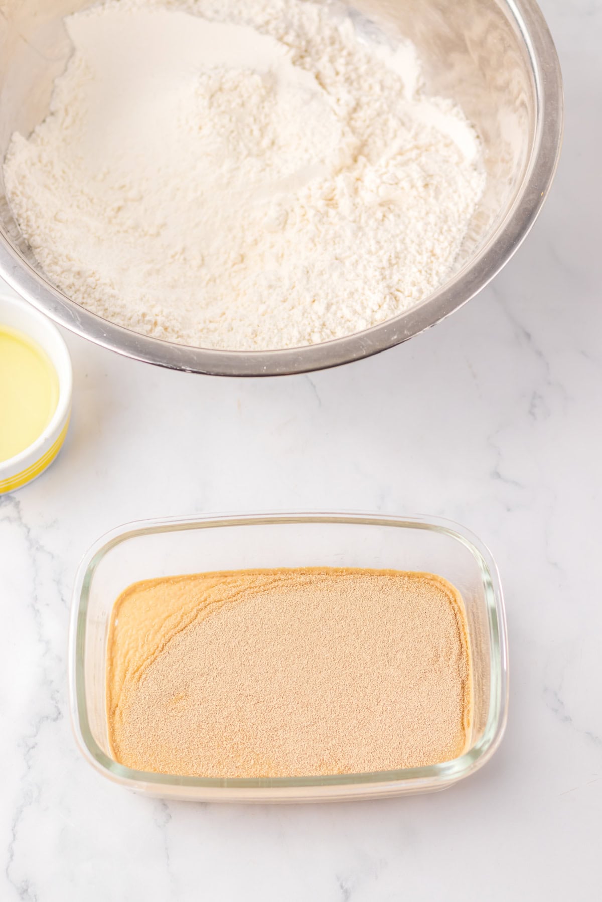 instant yeast and water in bowl to activate