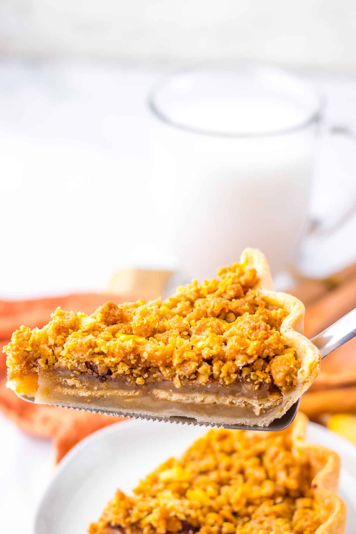 This Mock Apple Pie looks and tastes like the real thing! slice of mock apple pie on serving spatula