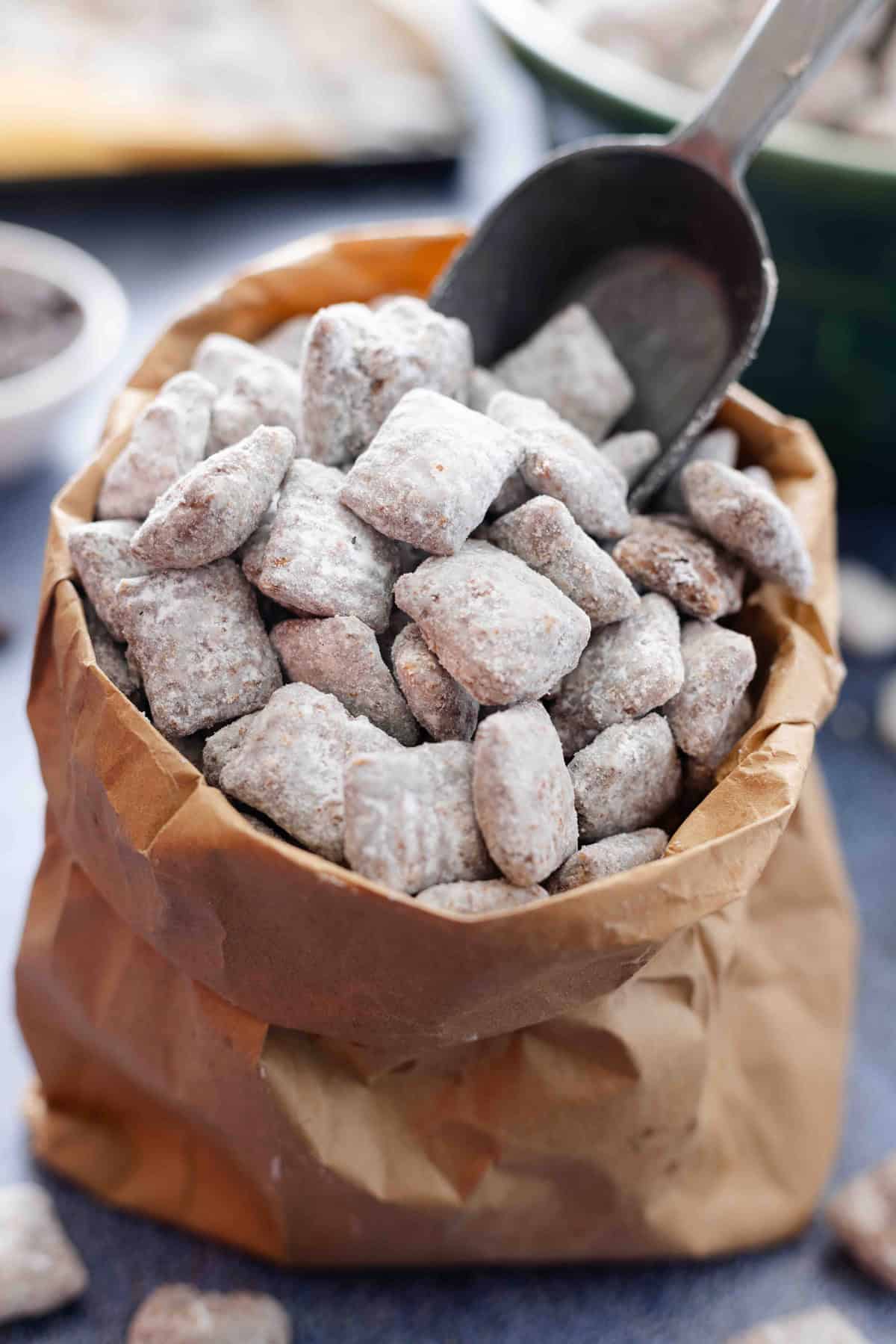 A paper bag of muddy buddies