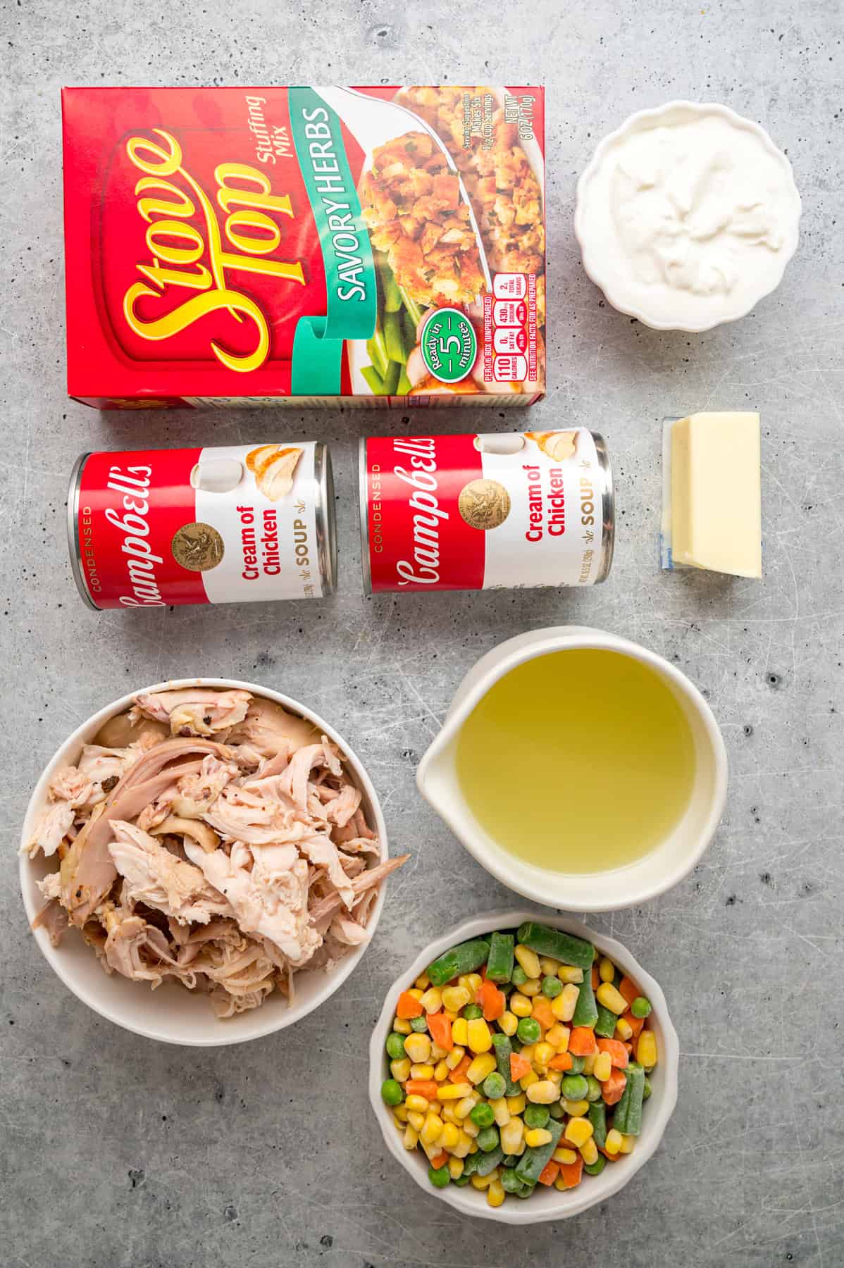Overhead view of ingredients needed to make chicken and stuffing casserole