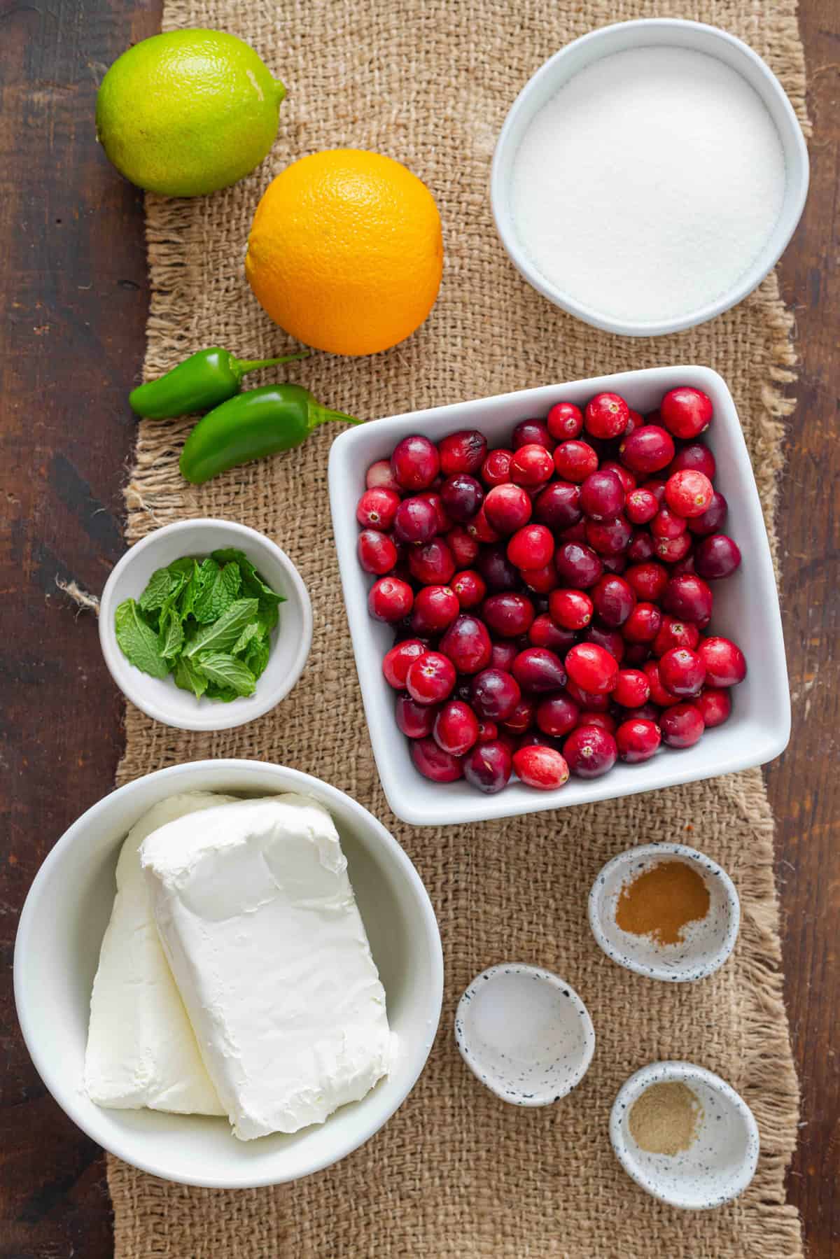 Overhead view of ingredients needed to make cranberry jalapeno dip
