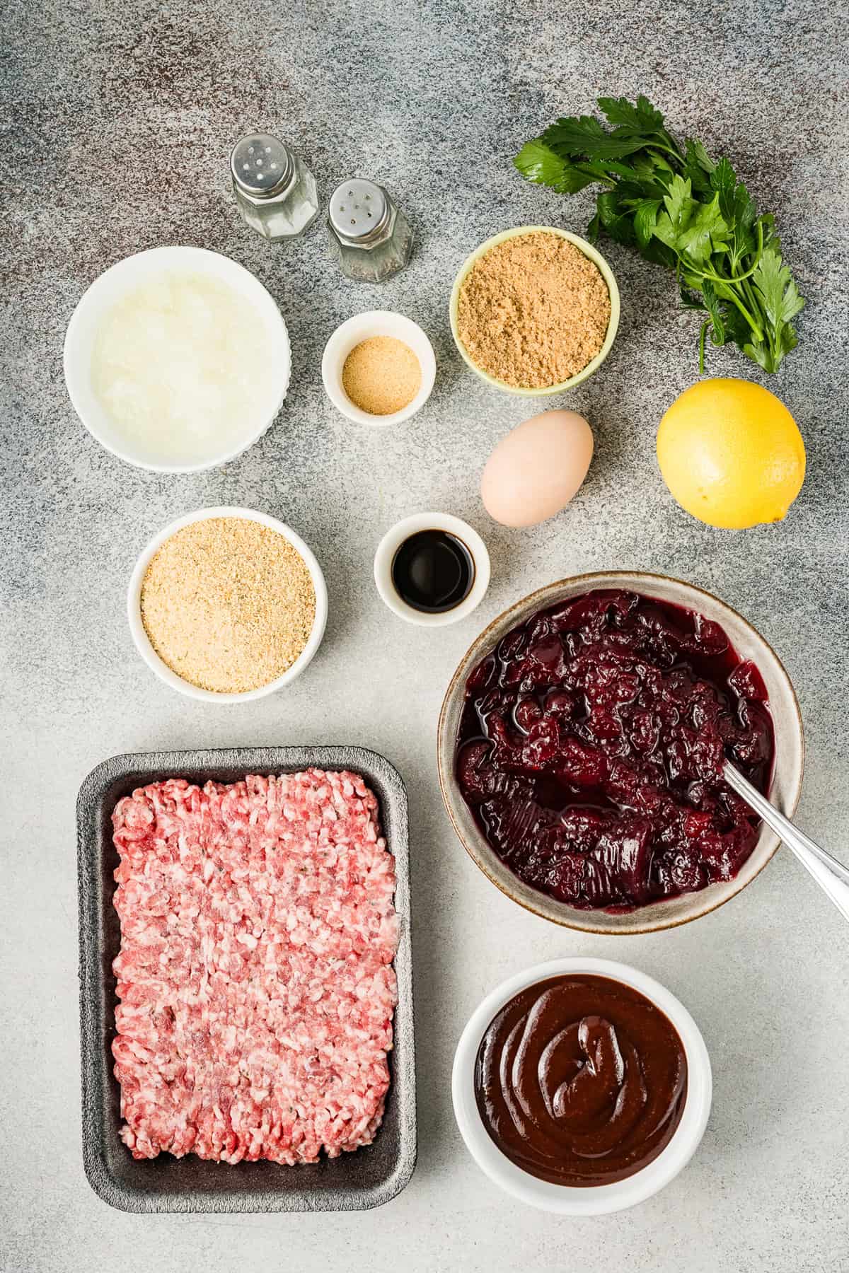 Overhead view of ingredients needed to make cranberry meatballs