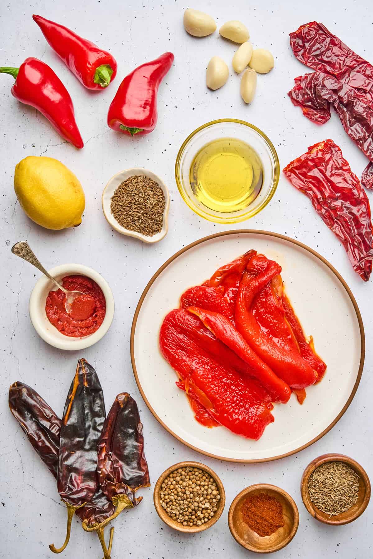 Overhead view of harissa sauce ingredients
