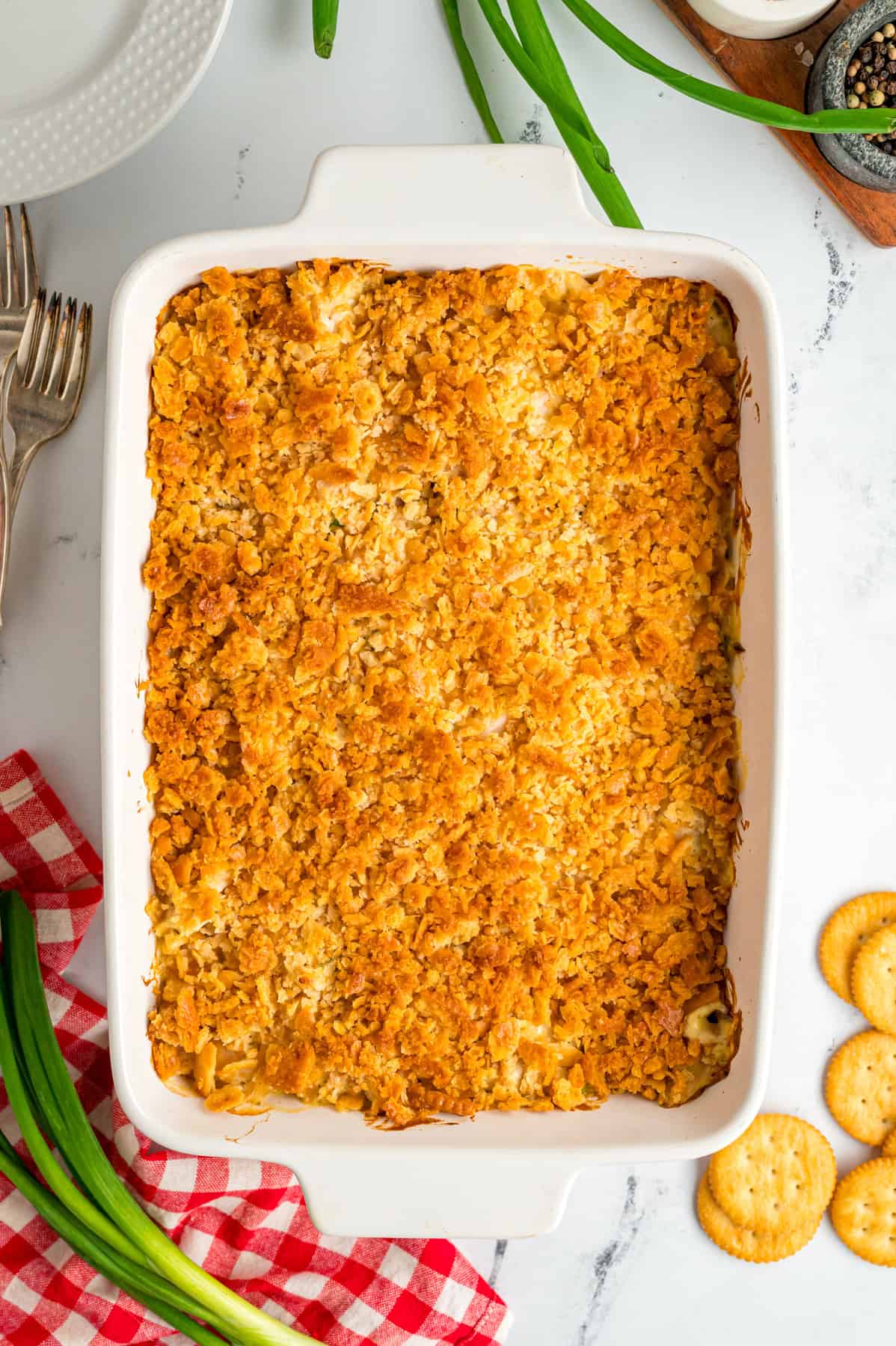 Overhead view of a Ritz chicken casserole