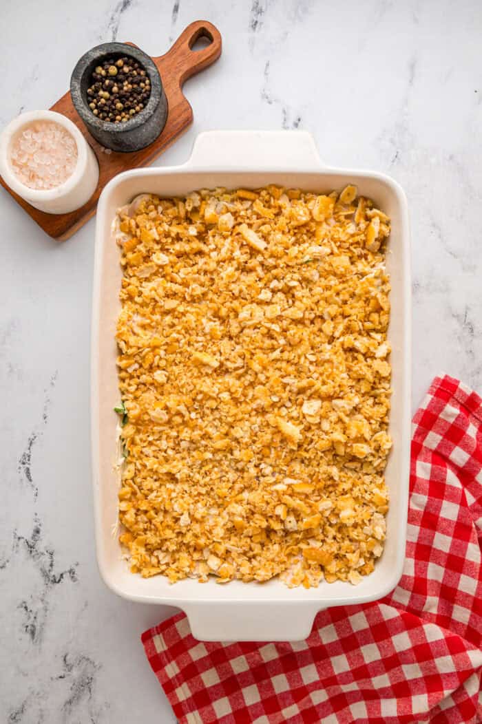 Crushed Ritz crackers in a baking dish