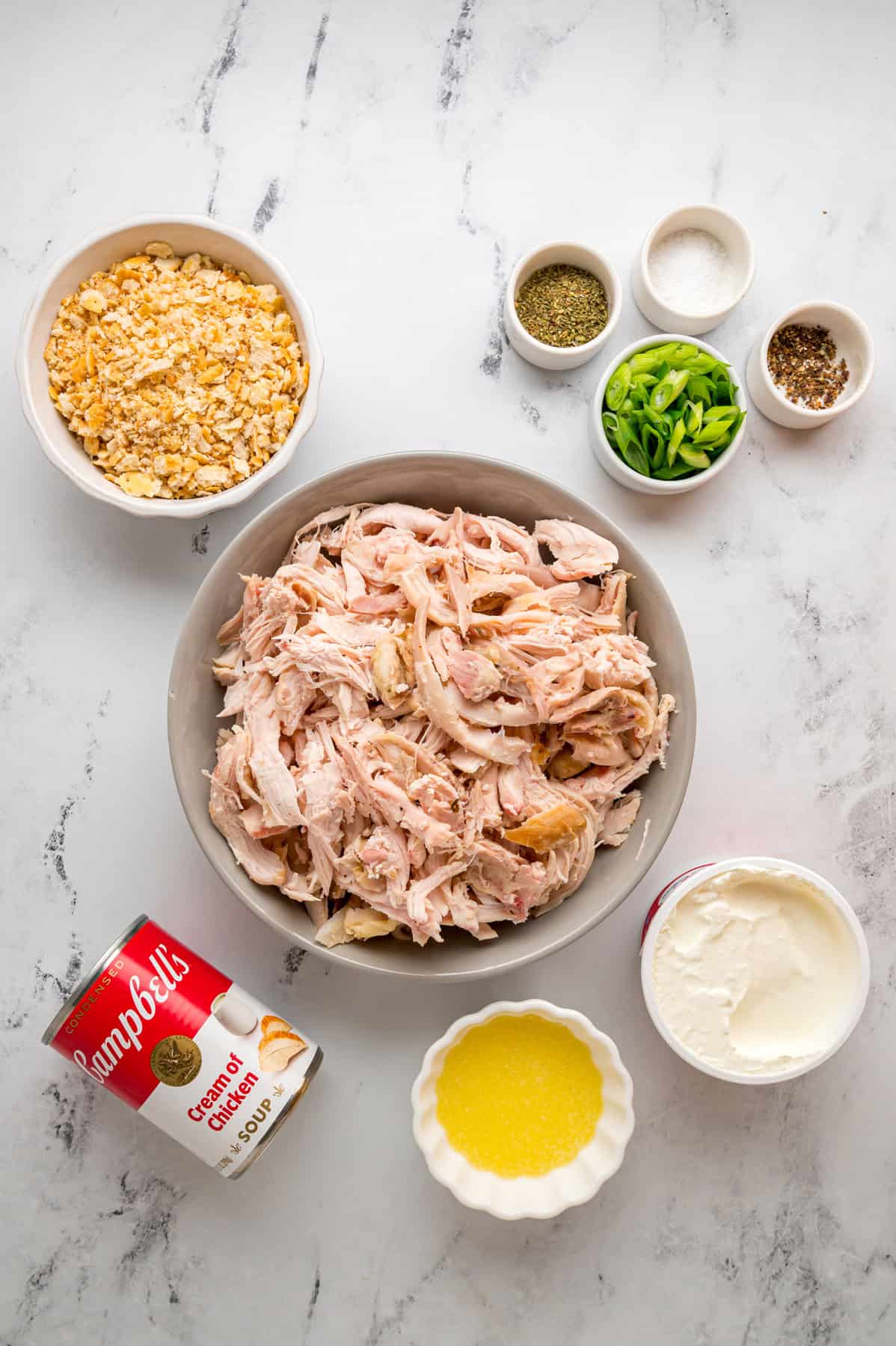 Overhead view of ingredients needed to make Ritz chicken casserole