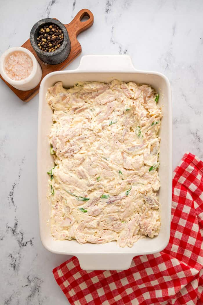 Chicken mixture spread in the bottom of a baking dish