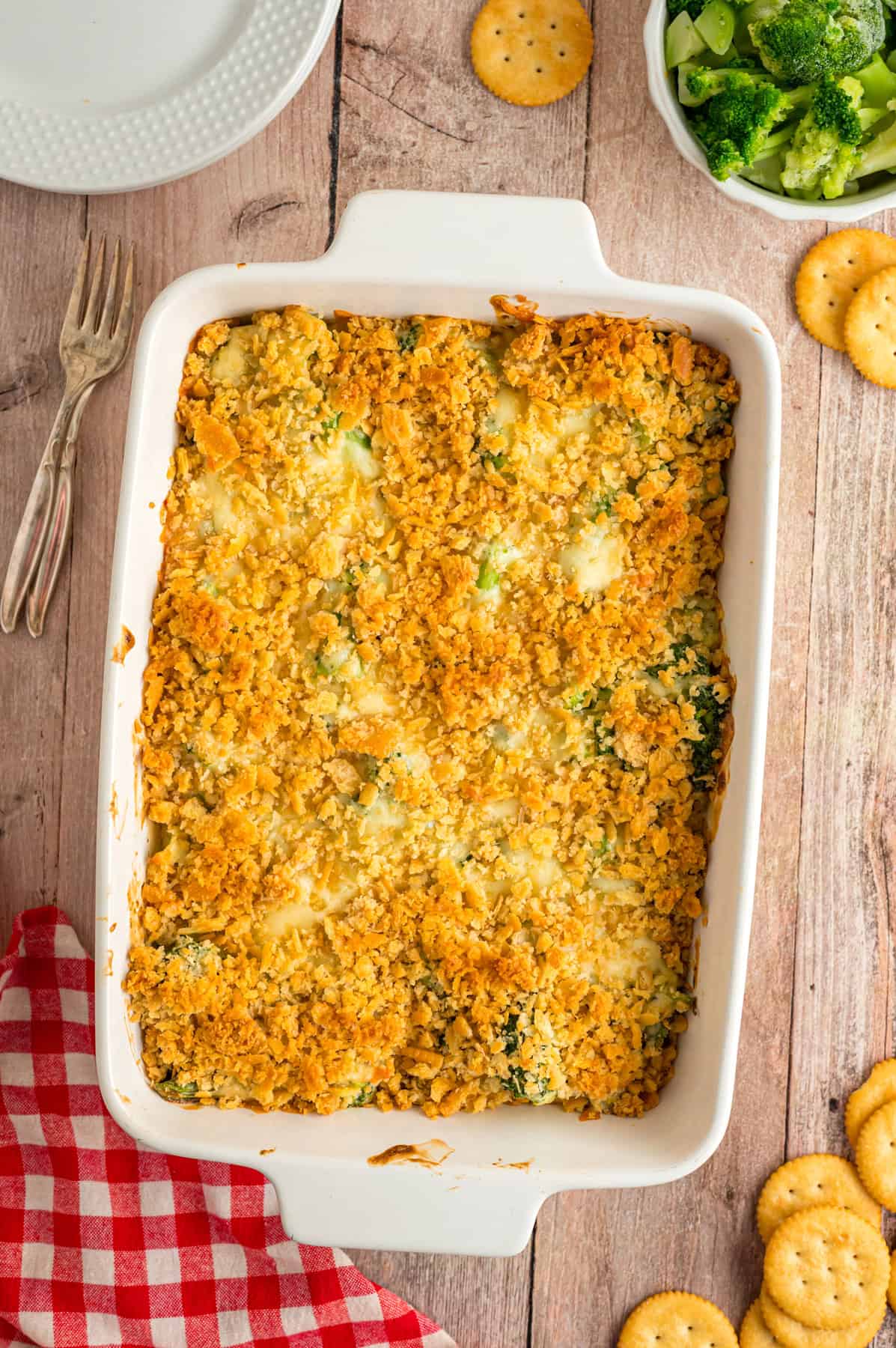 Overheard view of a baked broccoli cheese casserole