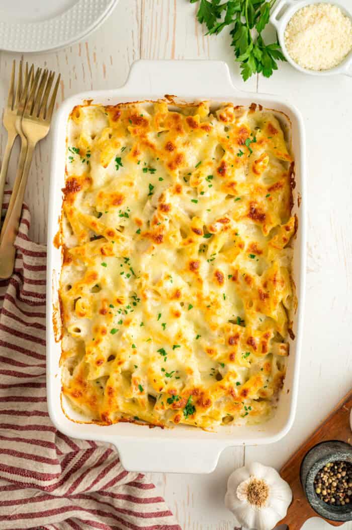 Overhead view of chicken alfredo bake