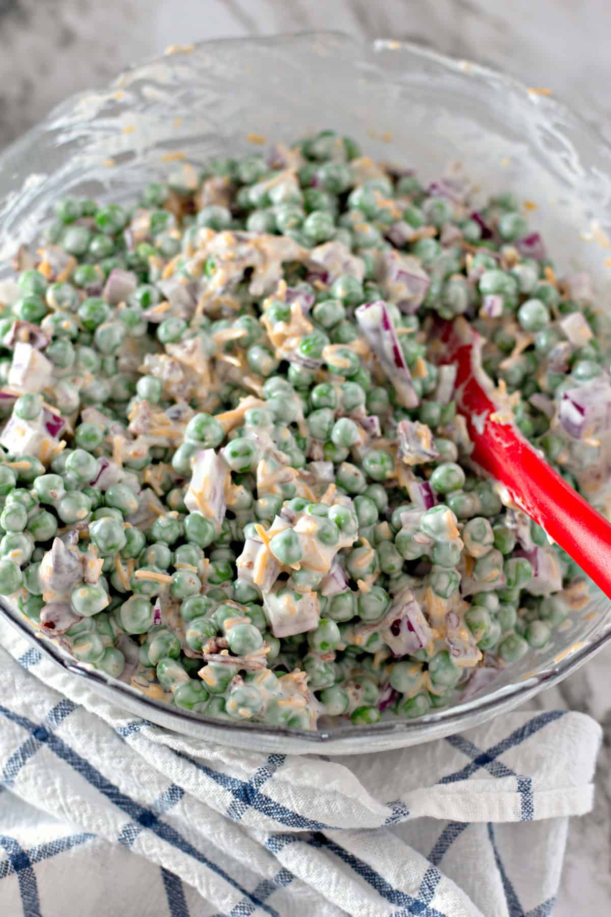 pea salad mixed in bowl