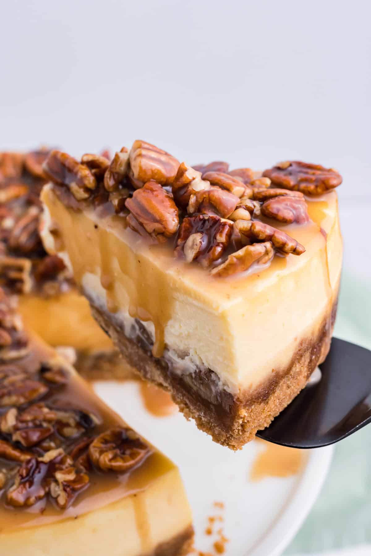 A whole slice of pecan pie cheesecake being lifted with a pie server, showcasing the layers of crust, filling, and topping.