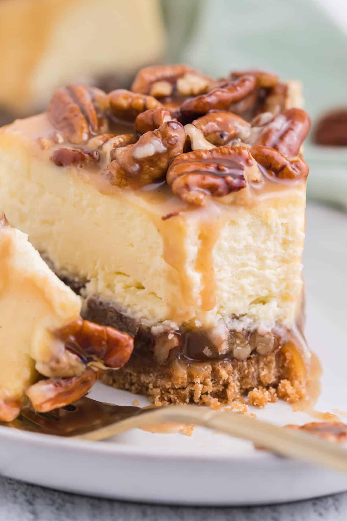A close-up of a slice of pecan pie cheesecake, highlighting the creamy layers, gooey caramel sauce, and crunchy pecan topping.