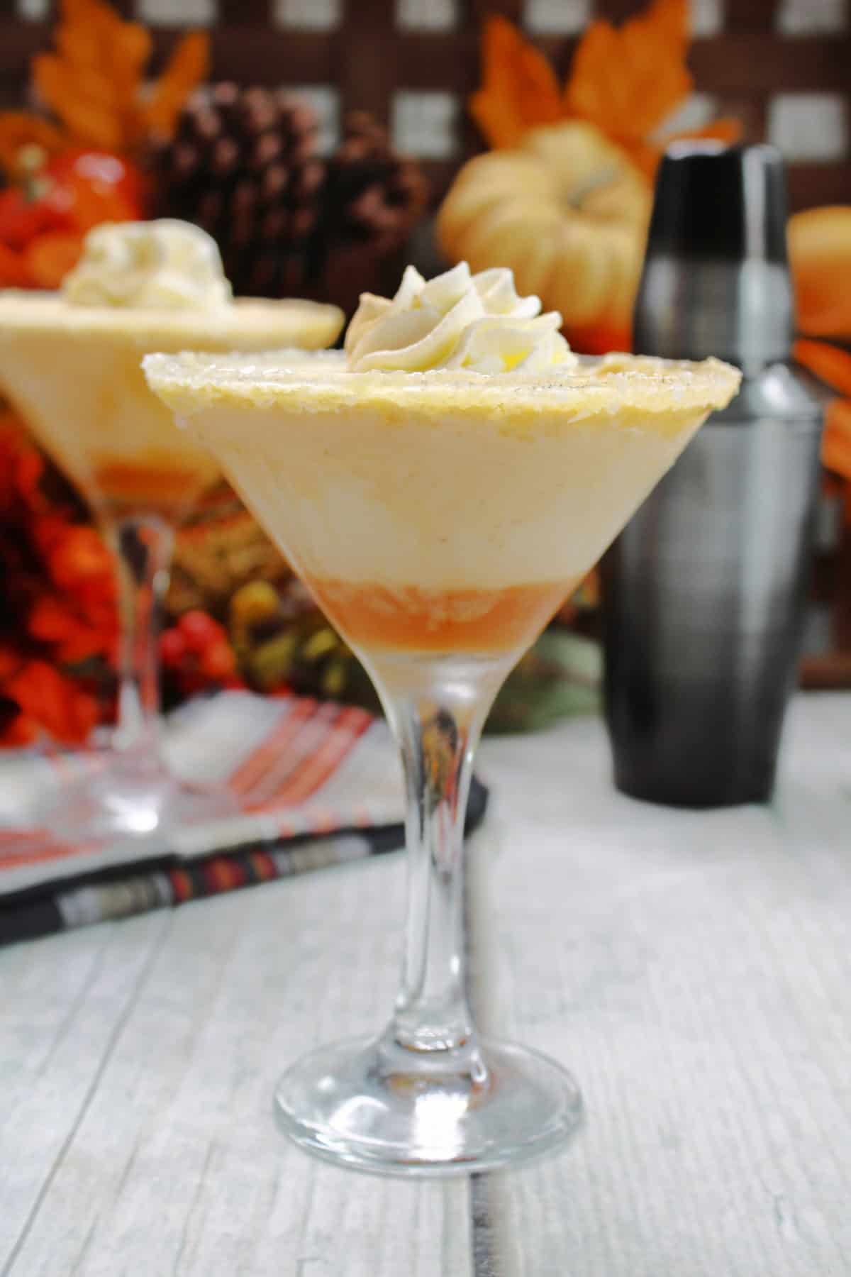 Pumpkin Martini with whip cream on top with pumpkin and pinecones in background and a shaker bottle
