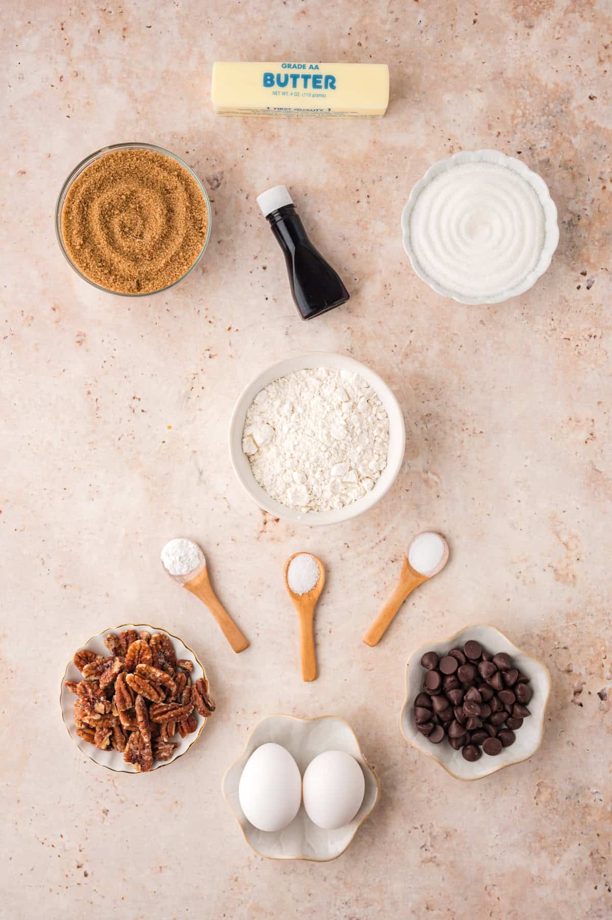 Overhead view of ingredients needed to make Toll House Chocolate Chip Cookies