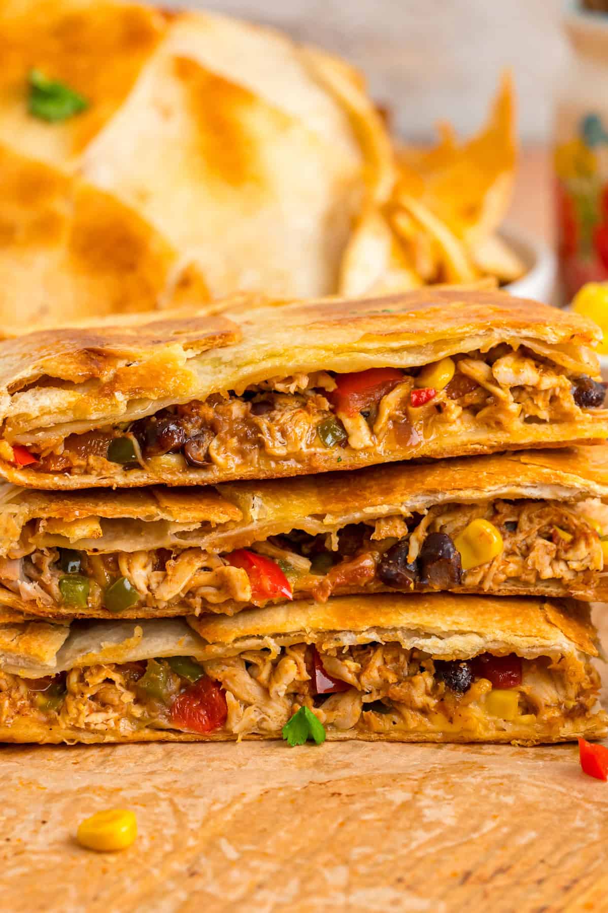 Three quesadilla squares stacked on each other