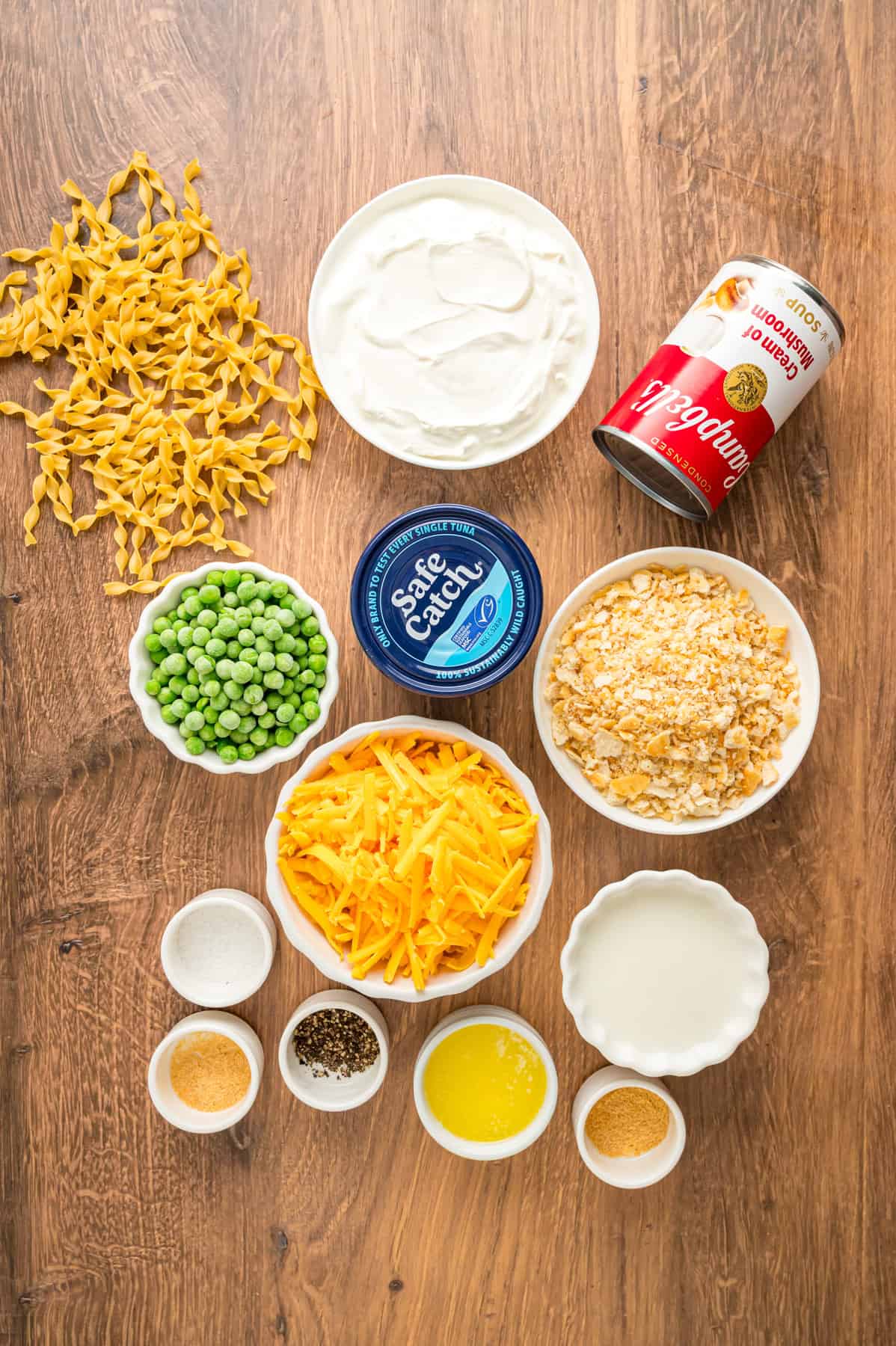 Overhead view of ingredients needed to make tuna noodle casserole
