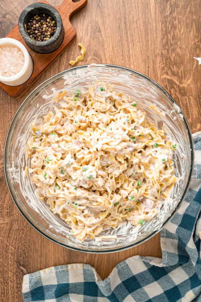 Tuna noodle casserole mixture in a bowl