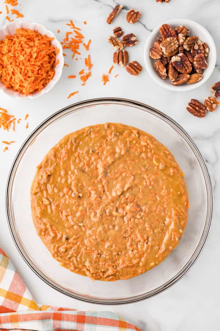 Carrot cake batter in a bowl