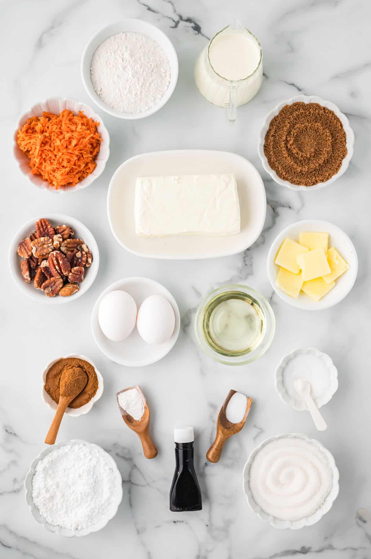 Overhead view of ingredients needed to make carrot cake cheesecake