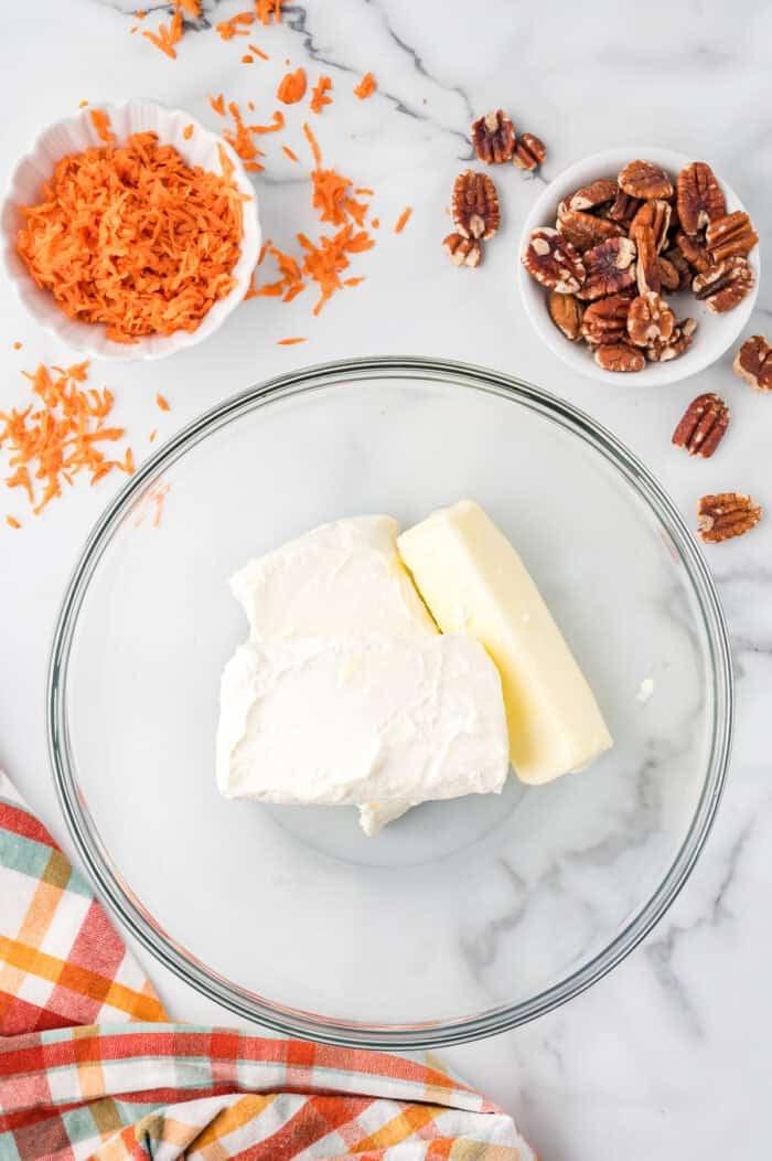 Cream cheese and butter in a bowl