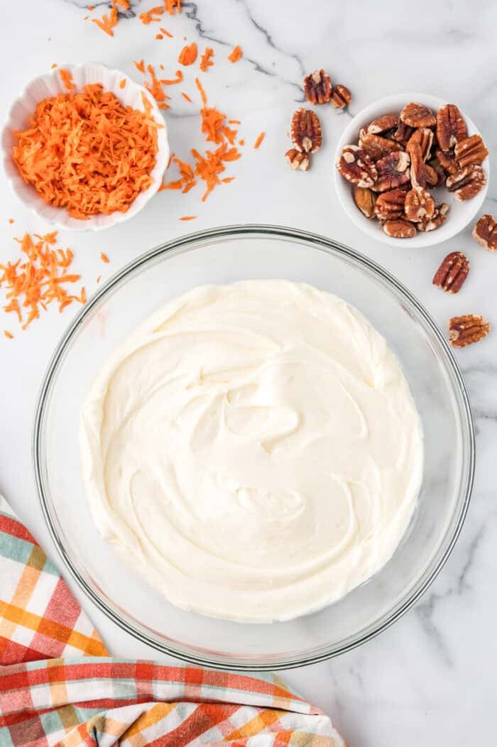 Cream cheese frosting in a bowl