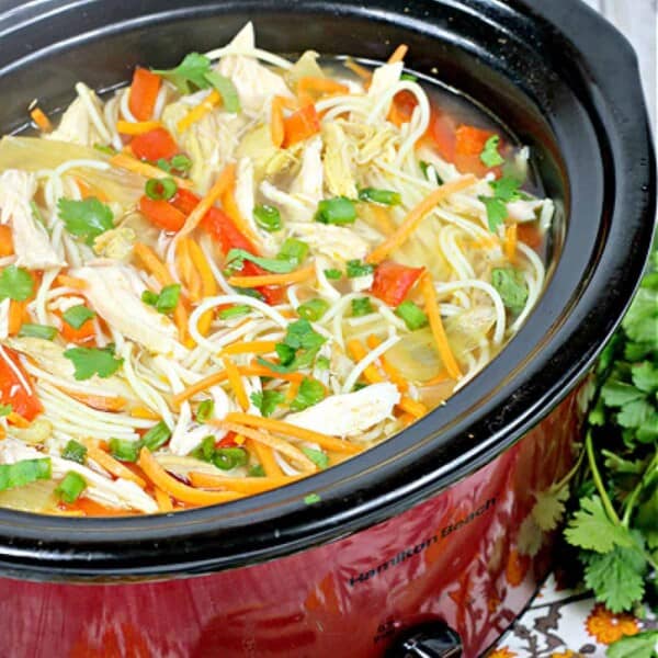 A close-up of a slow cooker filled with colorful Asian chicken noodle soup, showing tender chicken, vibrant vegetables, and rice noodles in a flavorful broth.