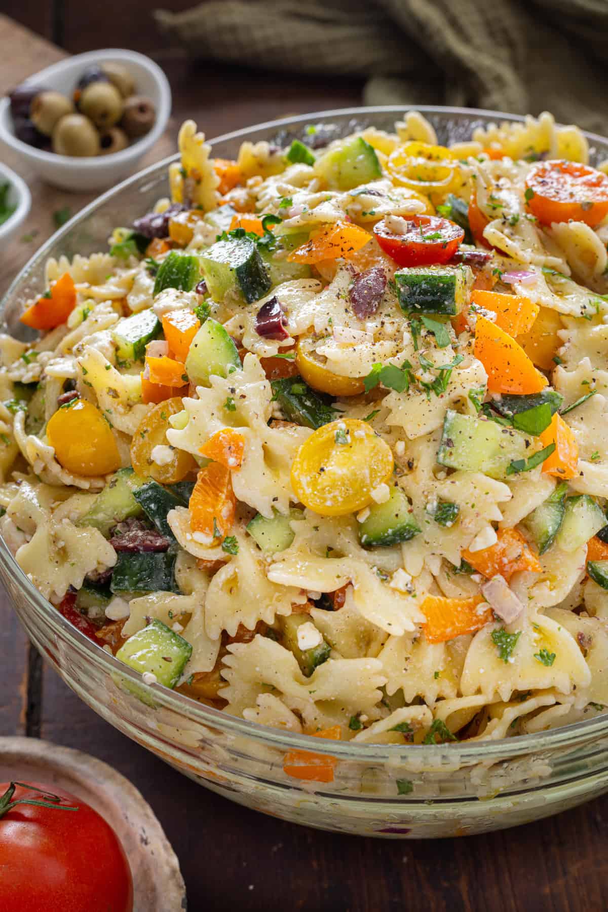 Overhead view of a bowl of Greek pasta salad