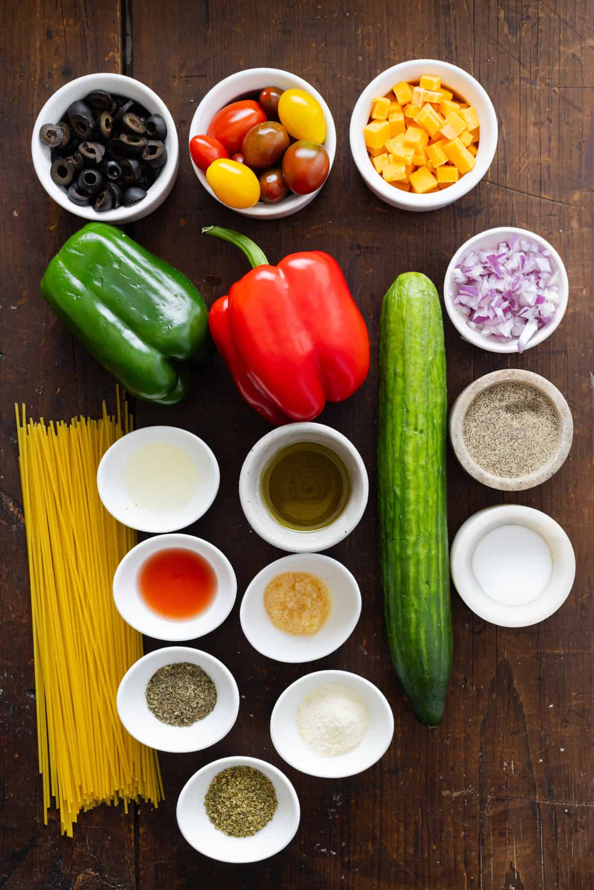 Overhead view of ingredients to make spaghetti salad