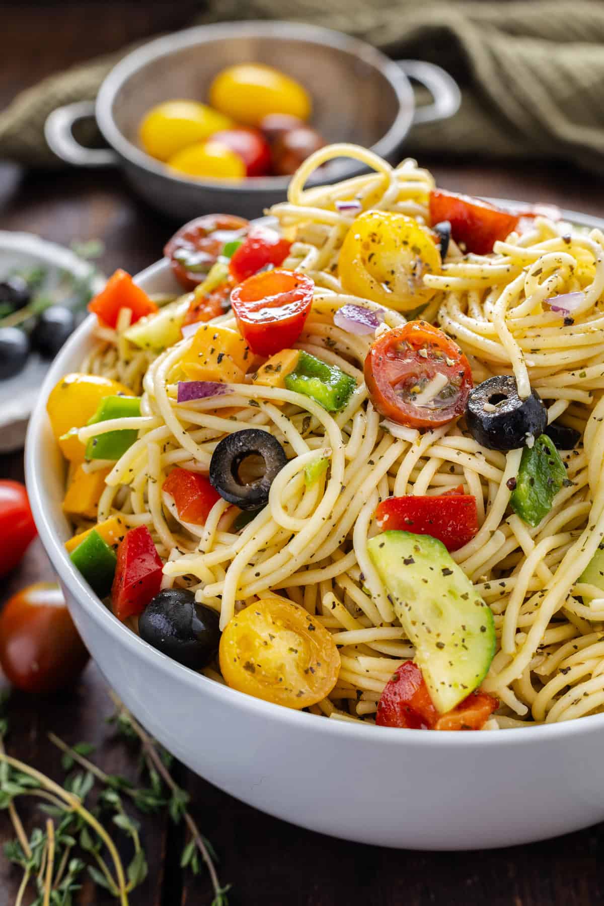 A bowl of spaghetti pasta salad