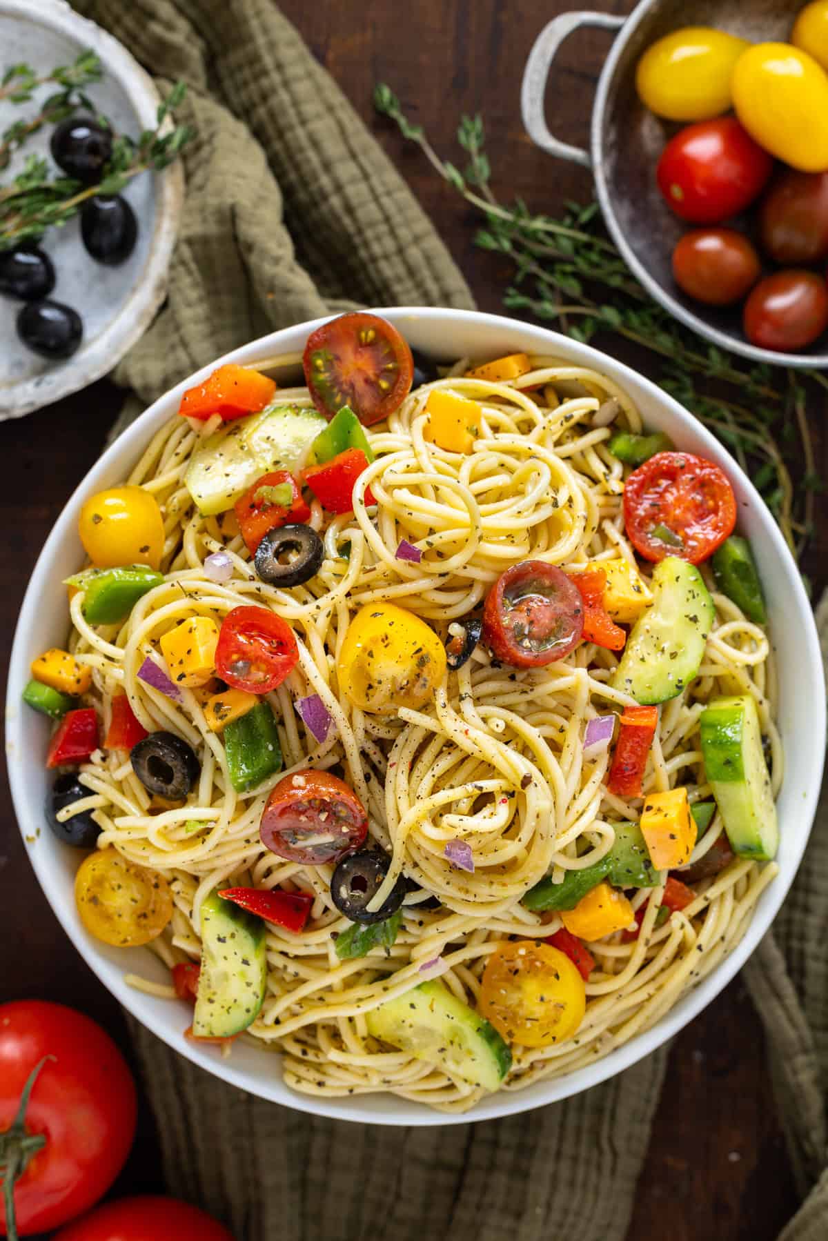 Overhead view of a bowl of spaghetti salad