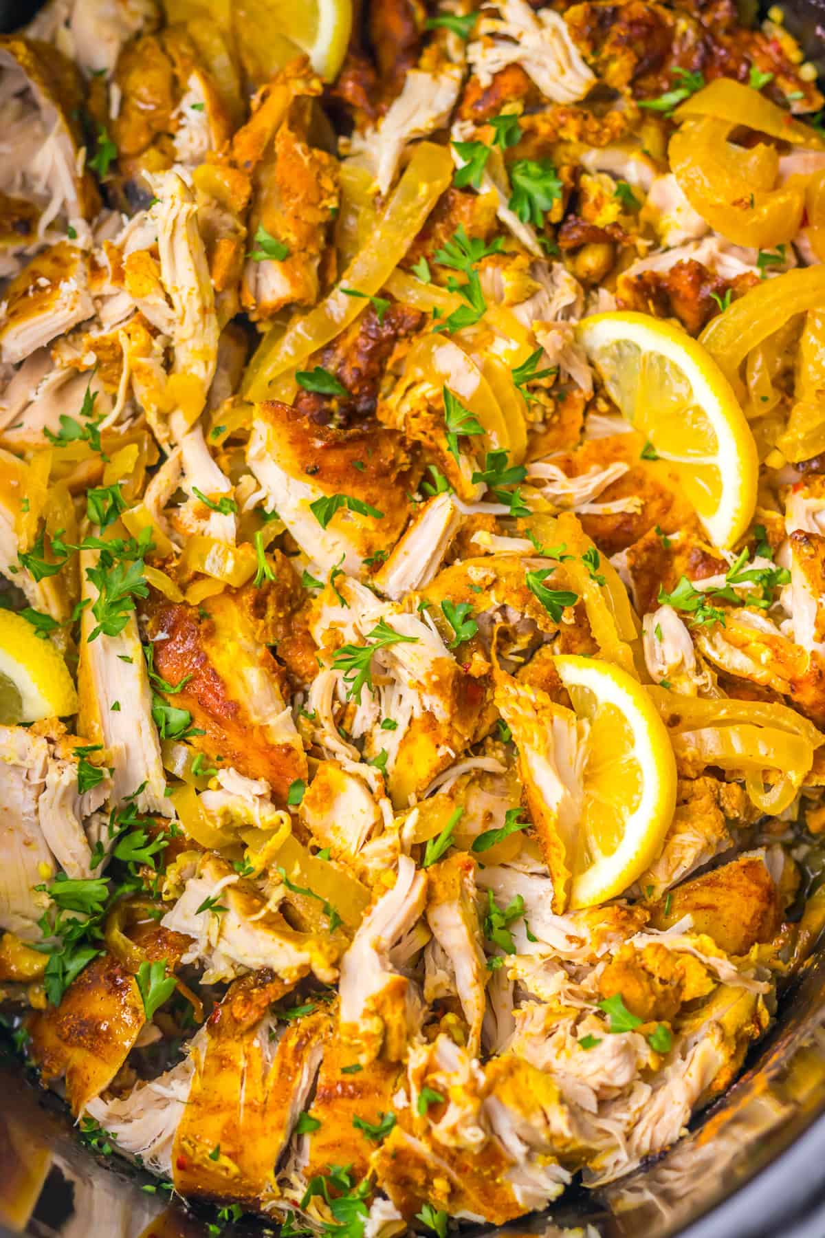 Overhead view of slow cooker chicken shawarma
