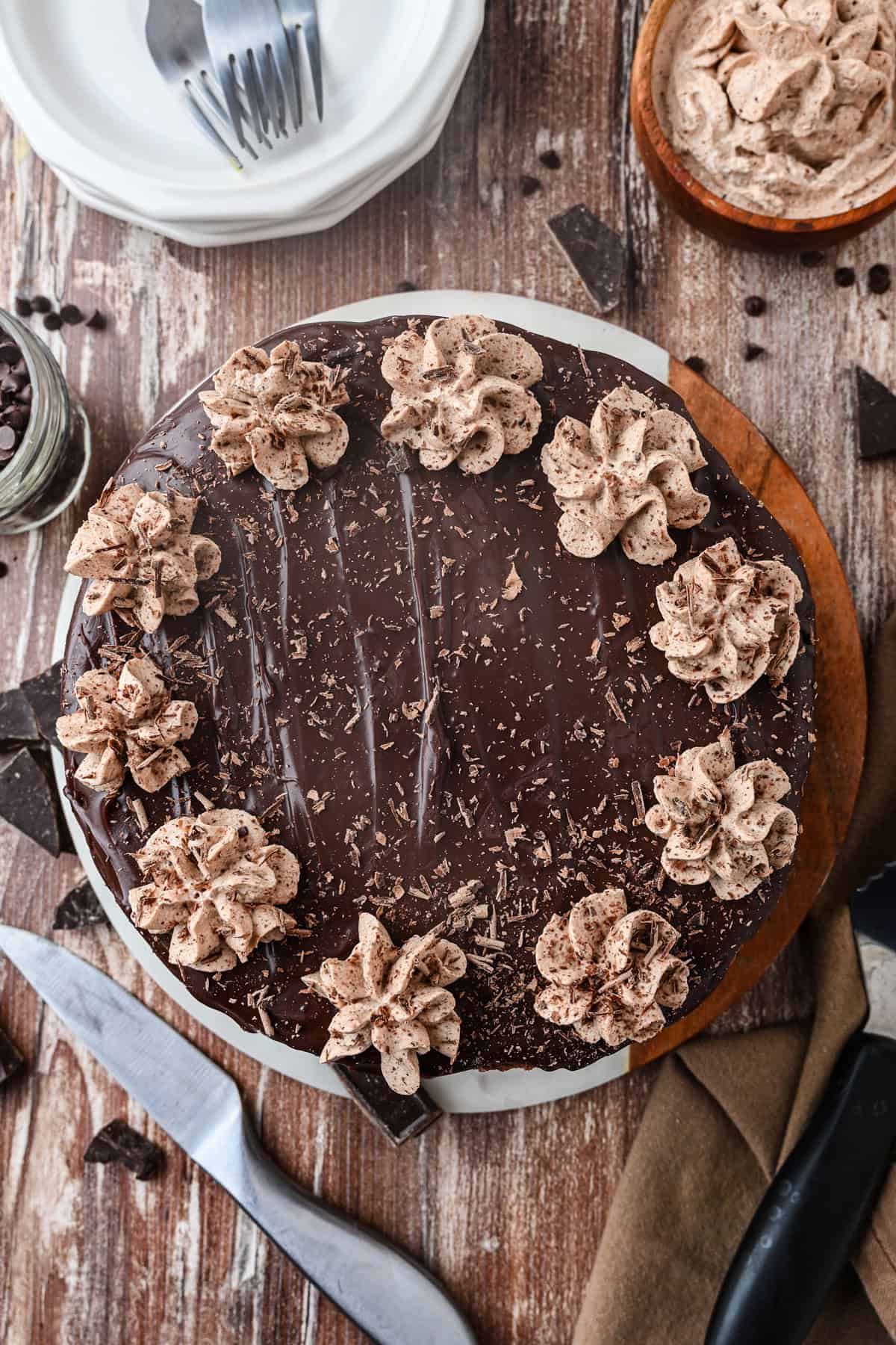 Overhead view of chocolate mousse cake