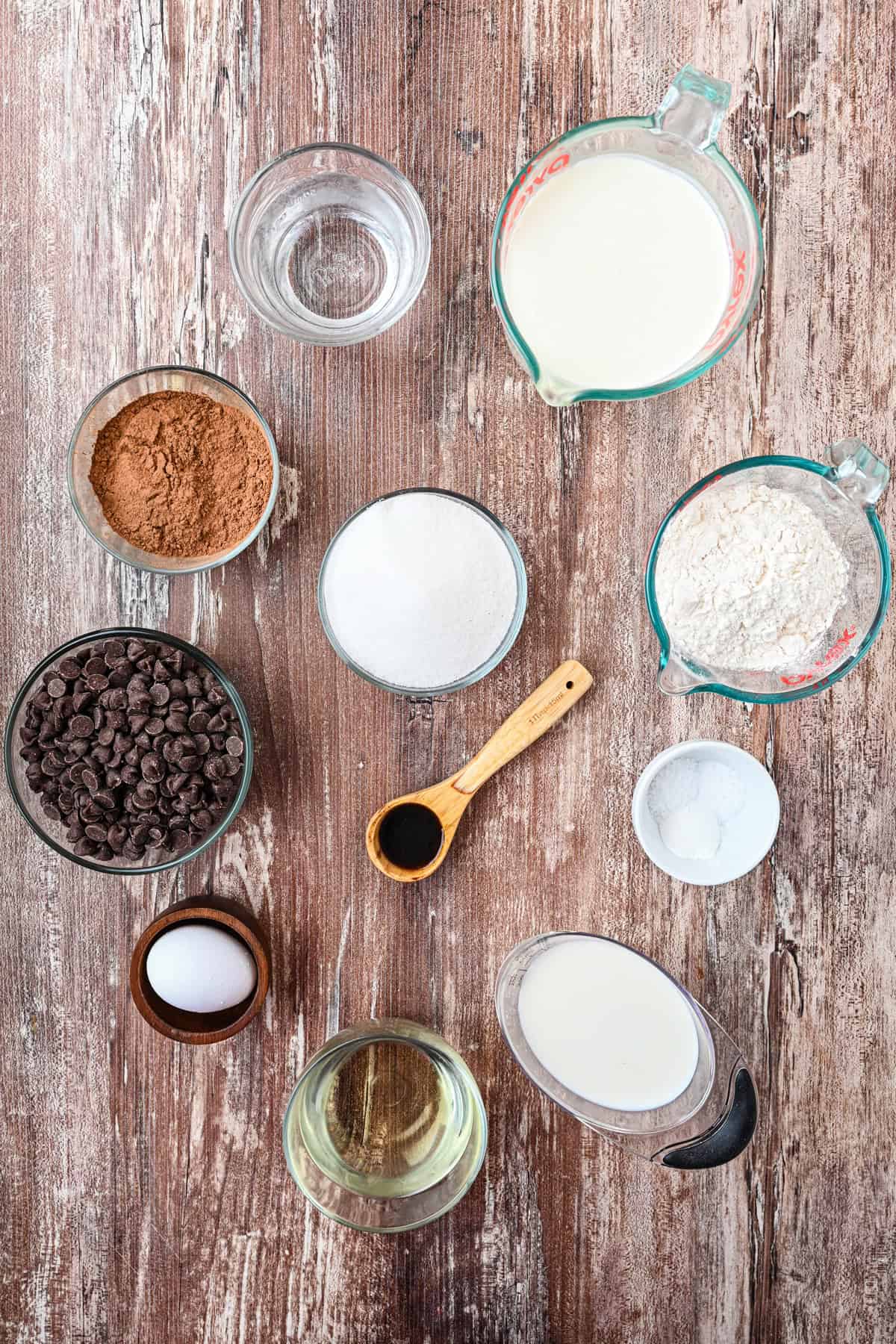 Overhead view of ingredients needed to make chocolate mousse cake