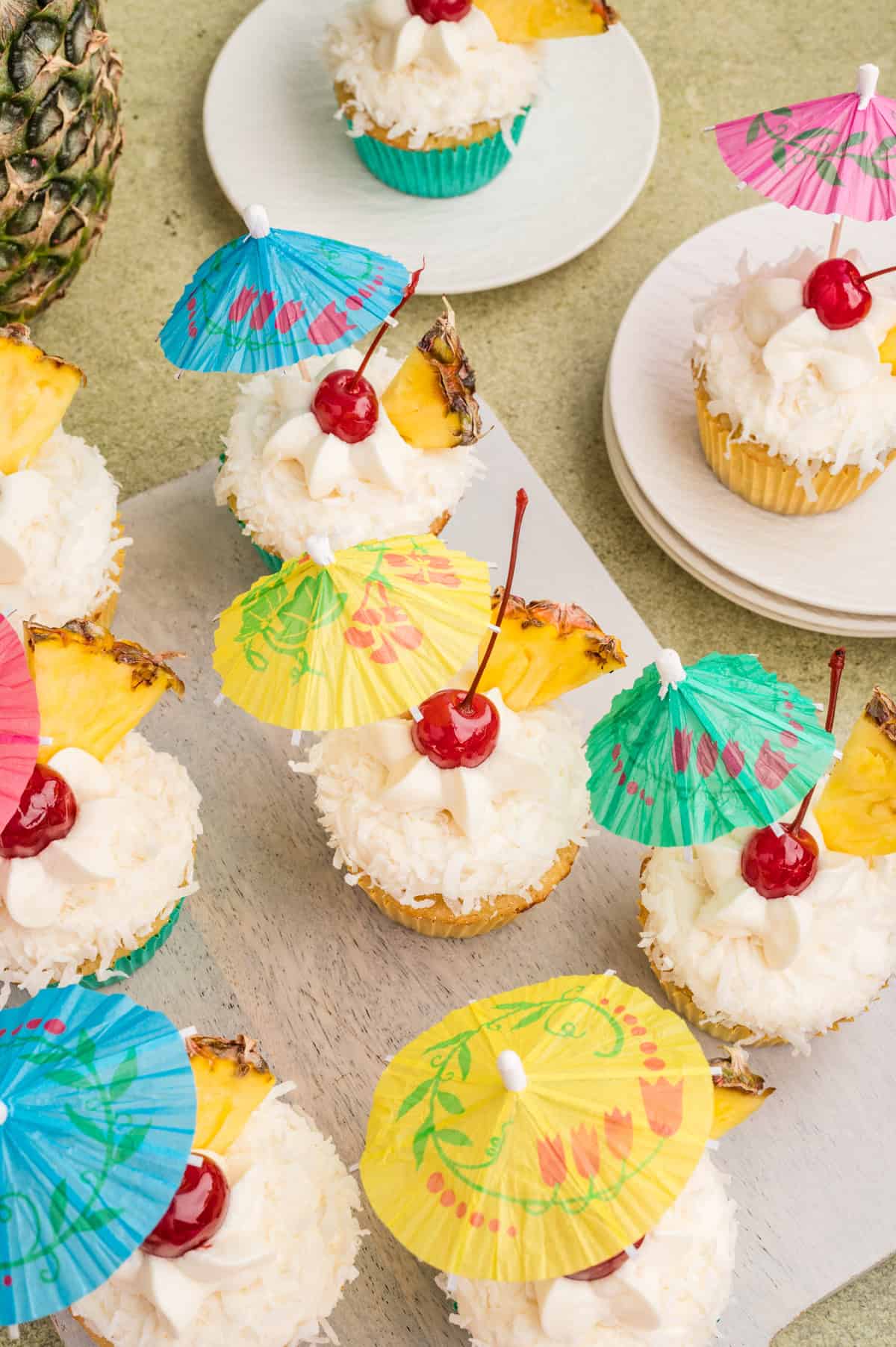 Overhead view of pina colada cupcakes