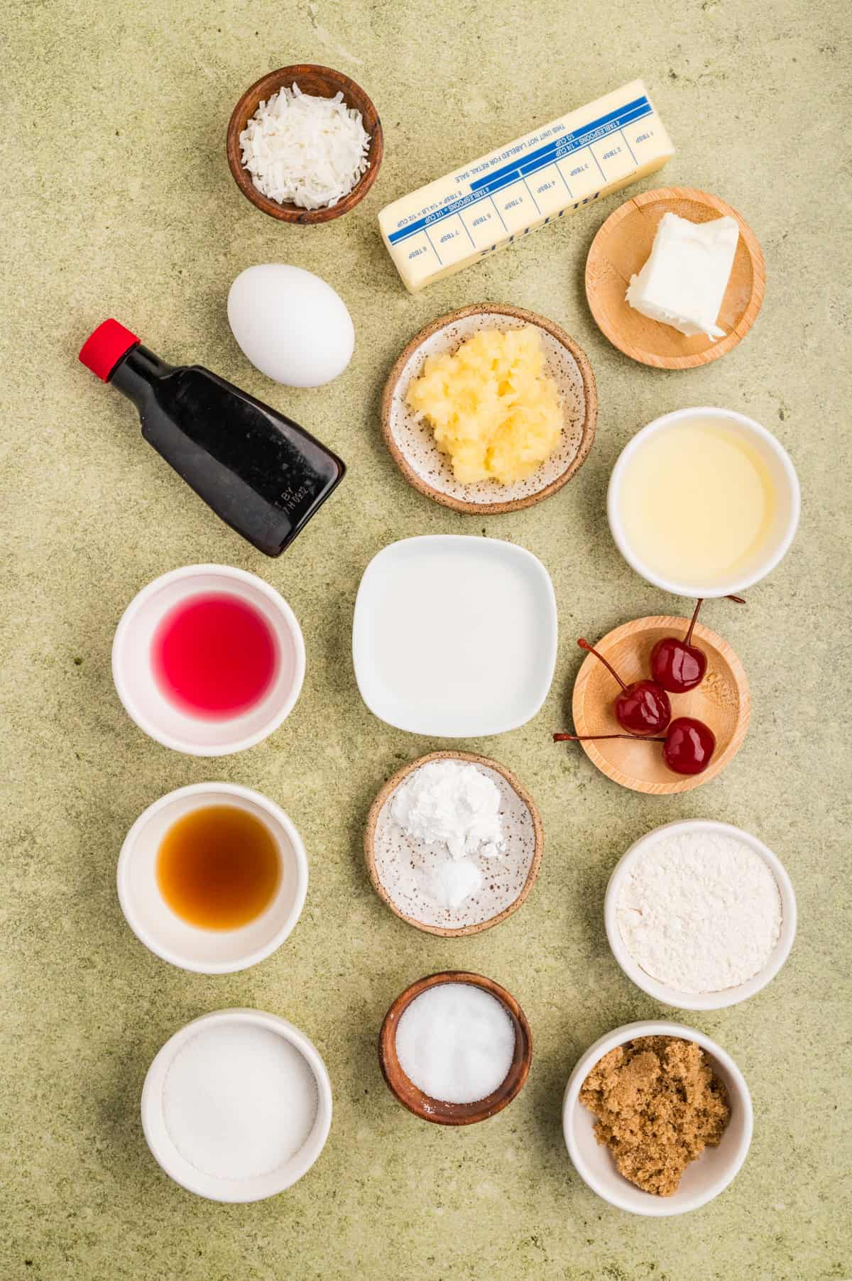 Overhead view of pina colada cupcake ingredients