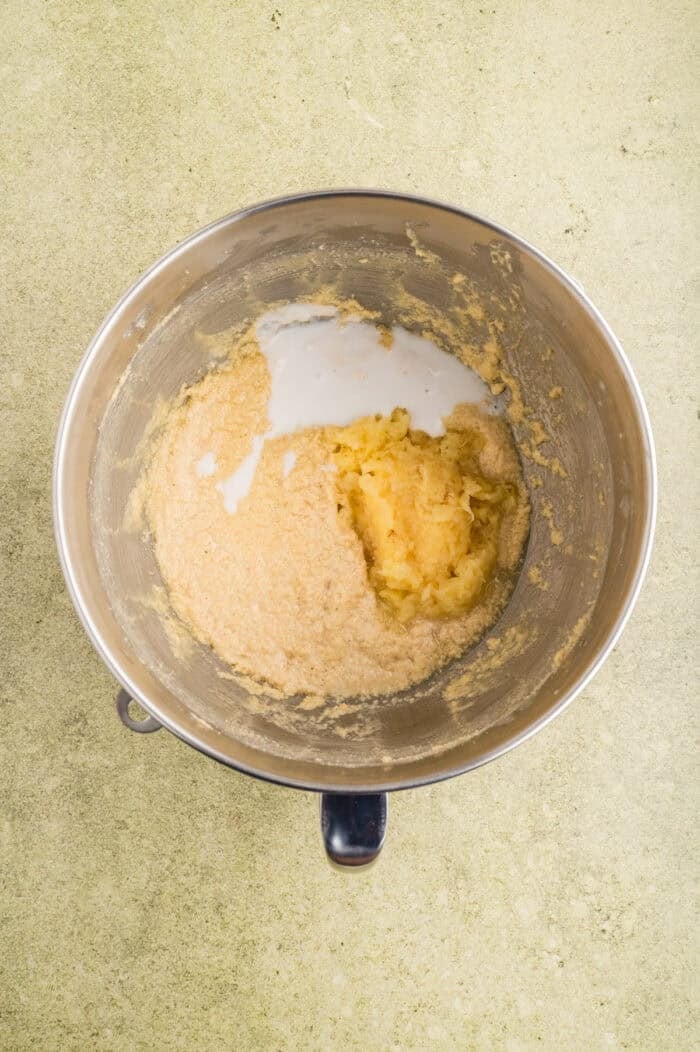 Coconut milk and crushed pineapple added to batter