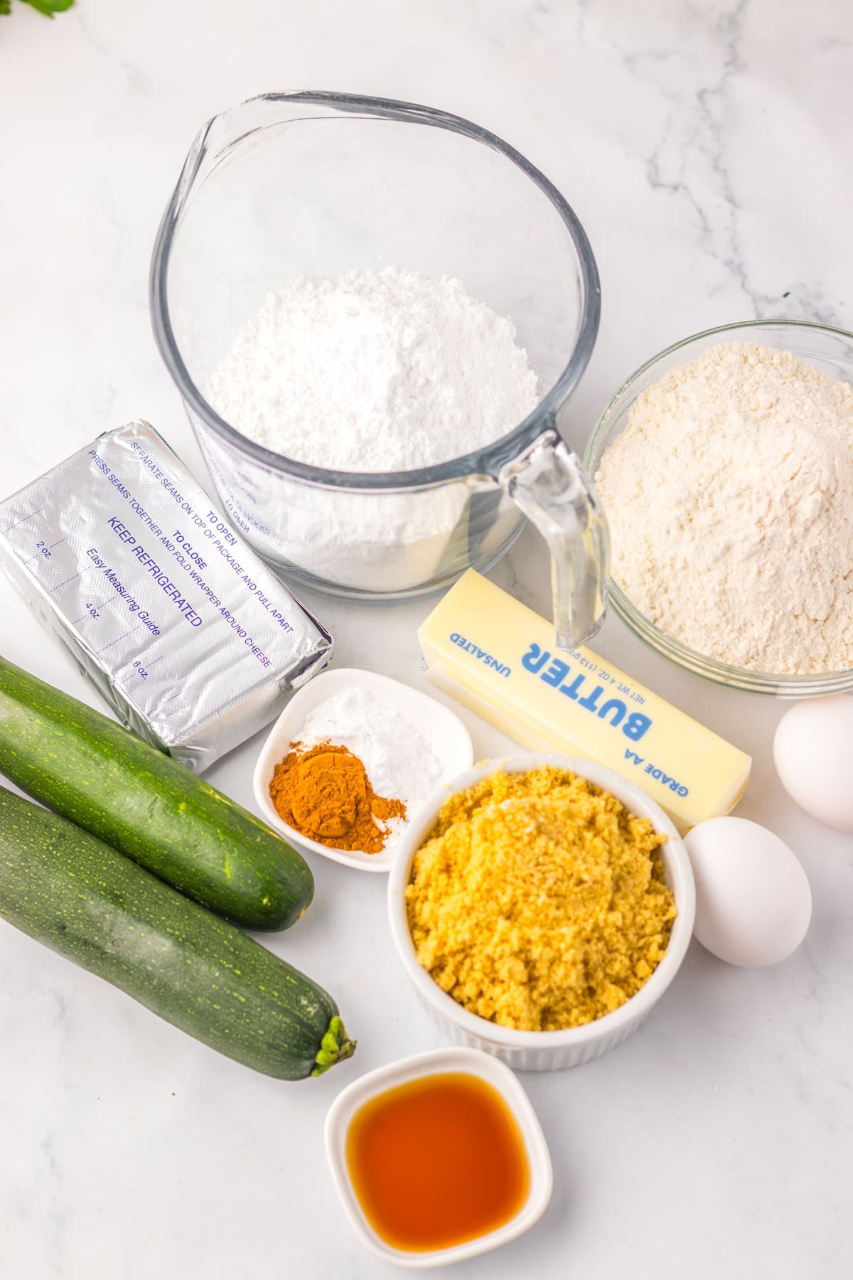 Overhead view of ingredients needed to make zucchini bars