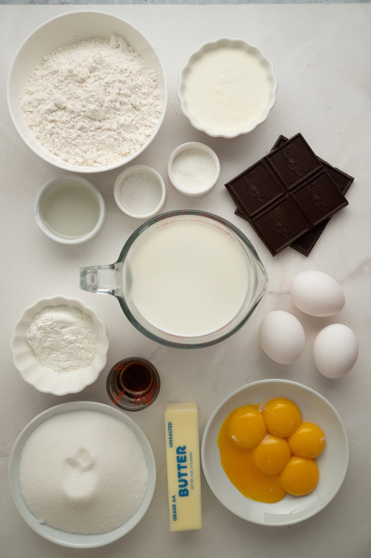 Overhead view of ingredients needed to make Boston cream pie