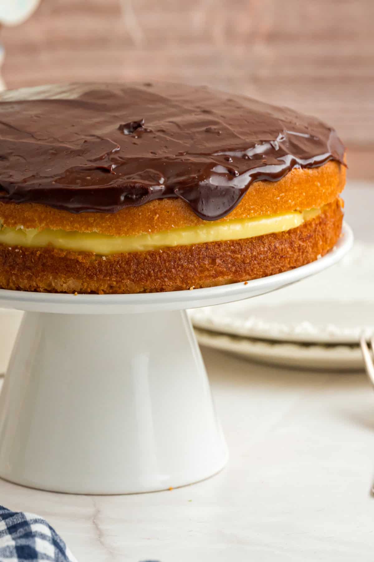 Boston Cream Pie on a cake stand
