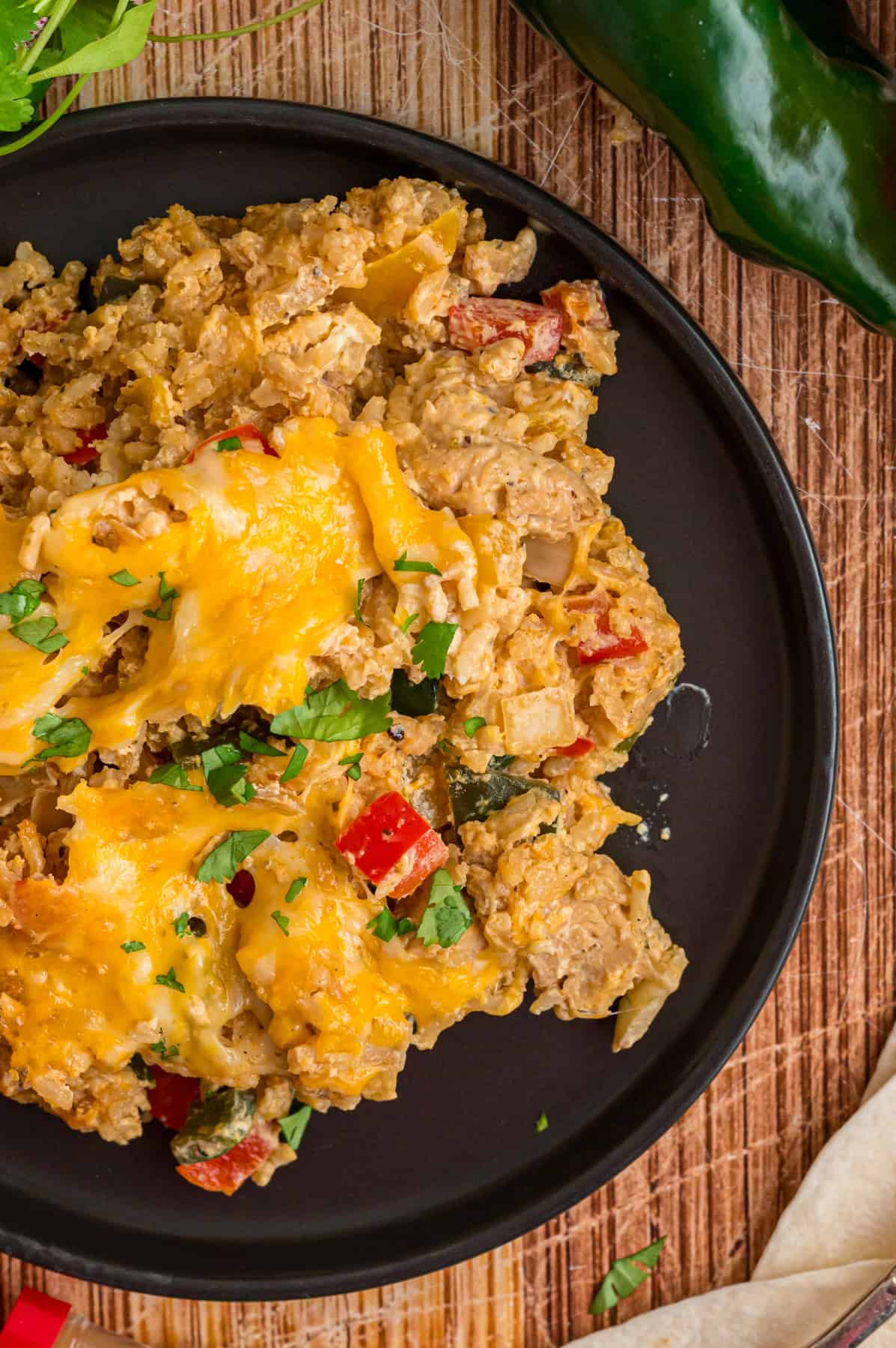 Overhead view of a plate of chicken fajita casserole