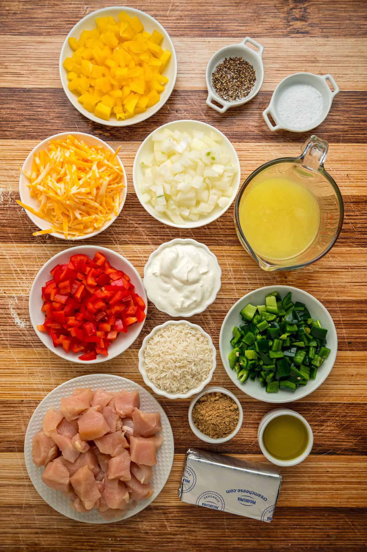 Overhead view of ingredients needed to make chicken fajita casserole