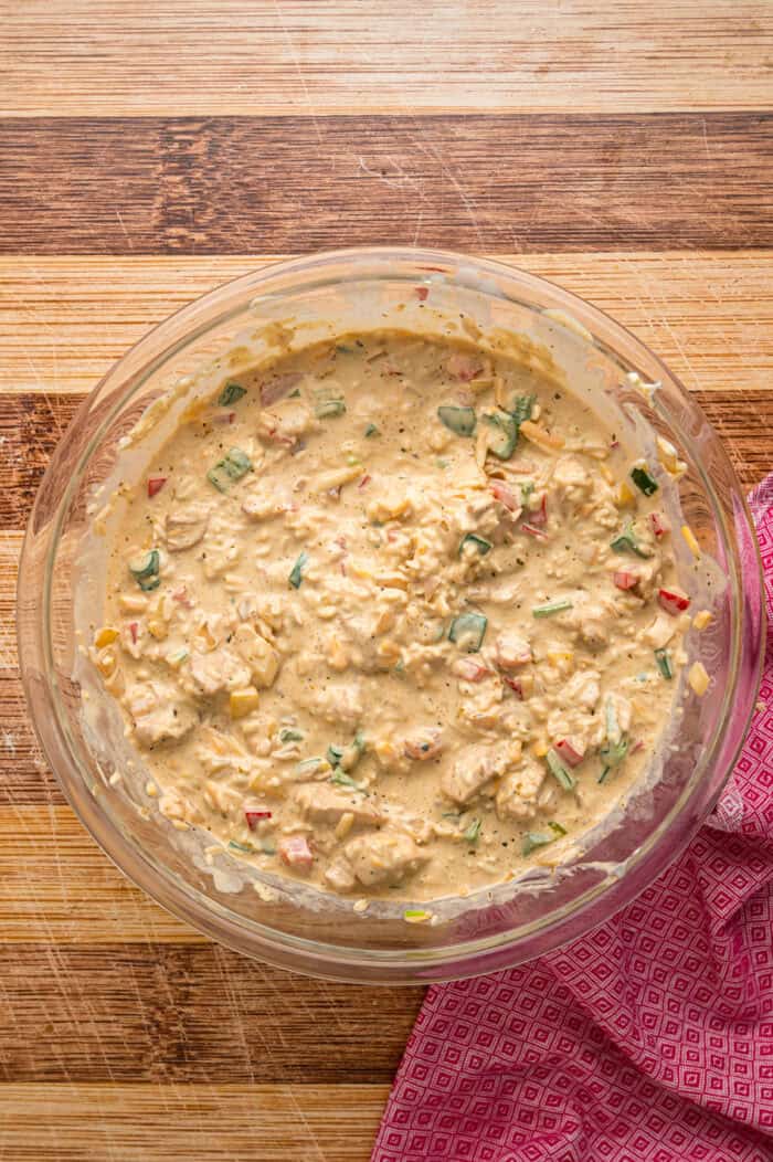 Chicken fajita casserole filling in a bowl