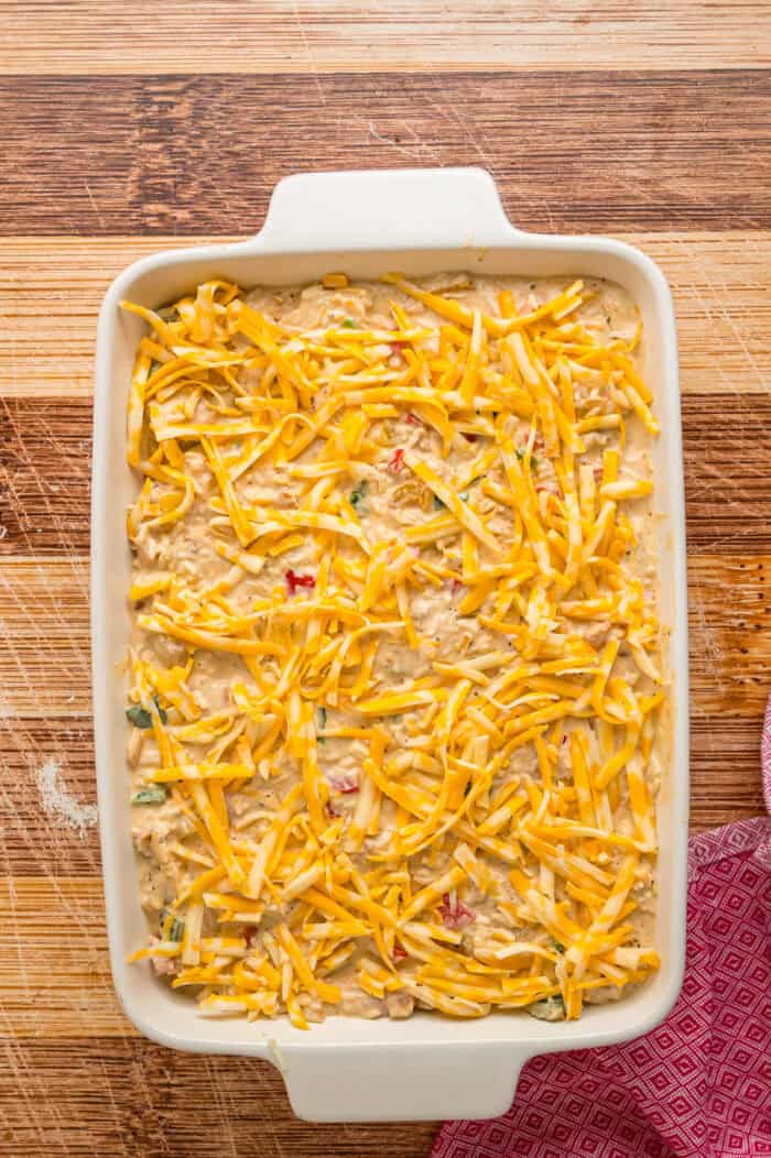 Overhead view of an unbaked chicken fajita casserole