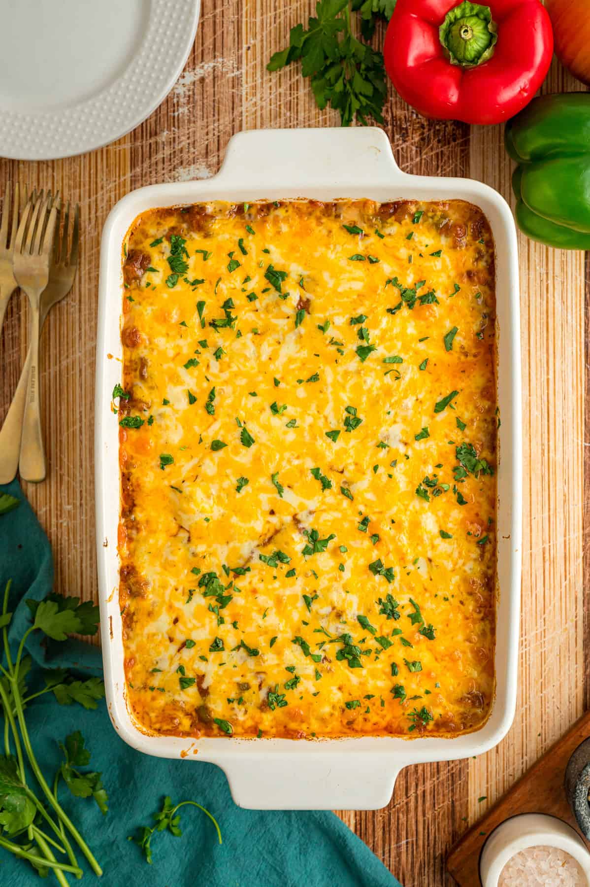 Overhead view of Mexican spaghetti in a casserole dish