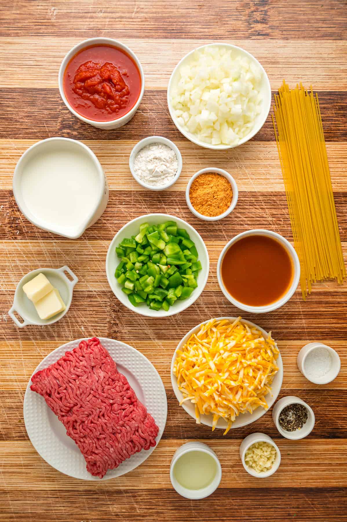 Overhead view of Mexican spaghetti ingredients