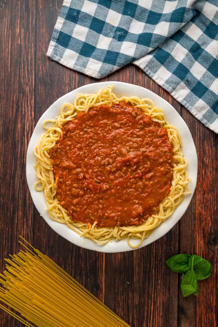 Meat sauce added on top of spaghetti pie crust